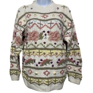 Vtg Jennifer Reed Hand Knitted Sweater Women Size M Floral Country Cottagecore
